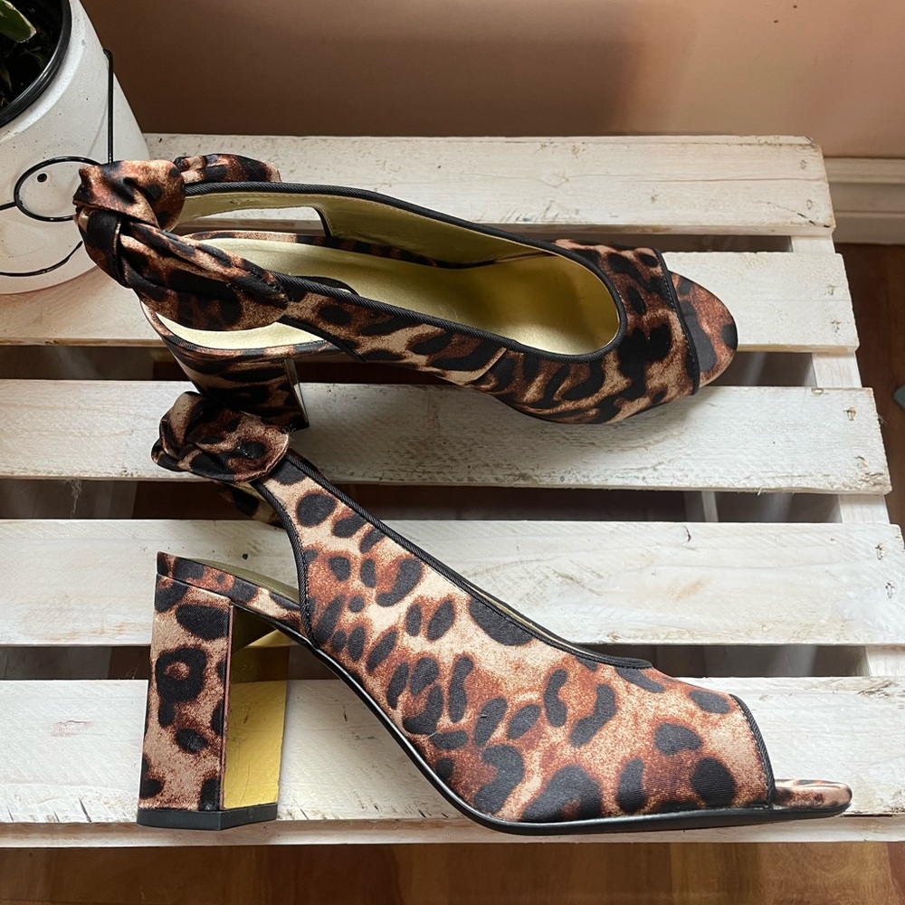 Brown and Black Leopard Print Heels with Ankle Strap Bow